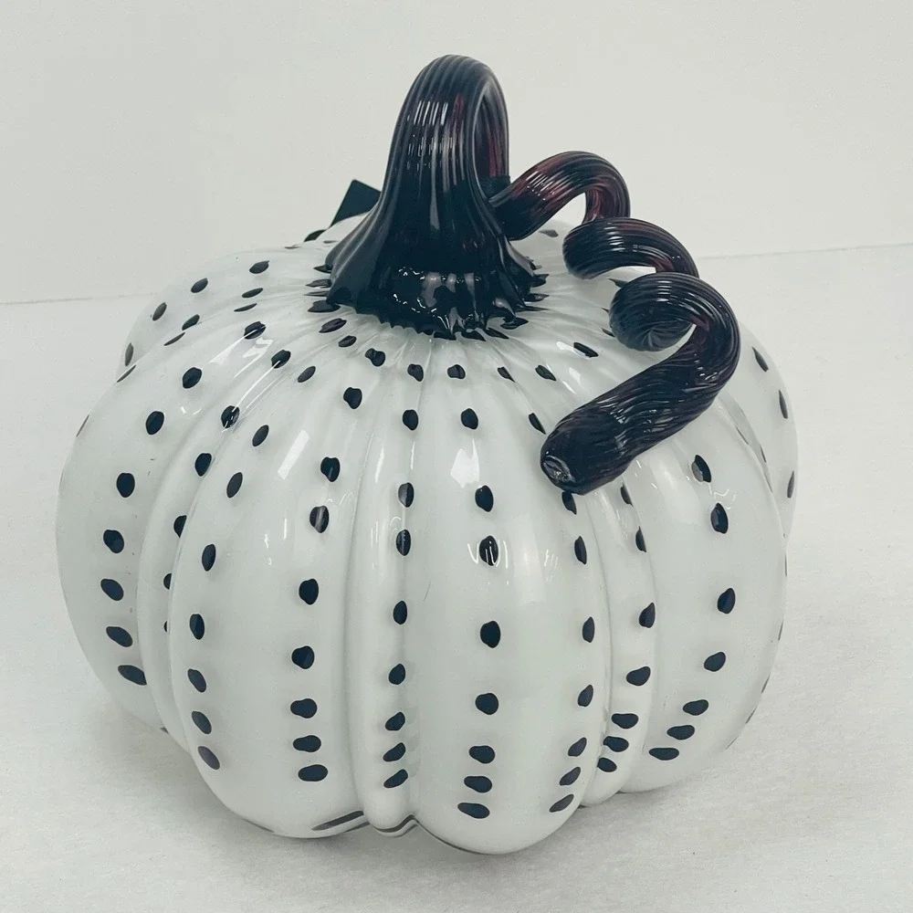 Christian Siriano New York Glass Pumpkin Decor White Black Polka Dot Purple Stem